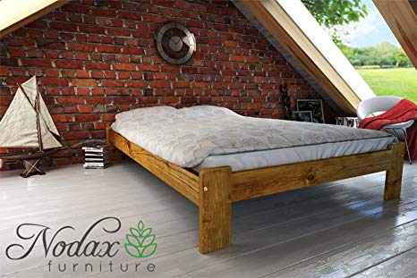 New wooden solid pine bedframe "F15" with sturdy plywood slats (150 x 200 cm, oak)