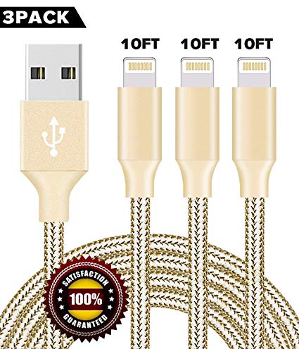 BULESK Phone Cable 3Pack 10Ft Nylon Braided Phone Charger Cord Compatible with Phone Xs/XS Max/XR/X/Phone 8 8 Plus 7 7 Plus 6s 6s Plus 6 6 Plus Pad Pod Nano - Gold