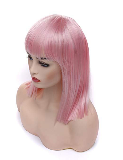 Morvally Short Straight Bob Wig Heat Resistant Hair with Blunt Bangs Natural Looking Cosplay Costume Daily Wigs (14", Pink)