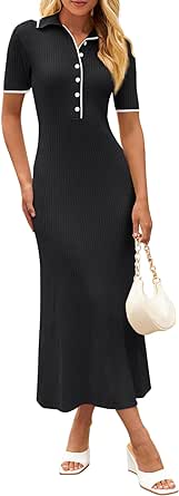 MEROKEETY Women's V Neck Ribbed Knit Maxi Dress Button Short Sleeve Slim Fit Bodycon Sweater Dress