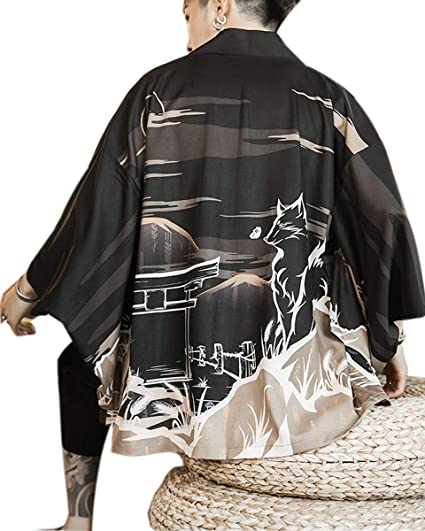 PRIJOUHE Men's Kimono Cardigan Jacket Japanese Style Flying Crane Seven Sleeves Open Front Coat