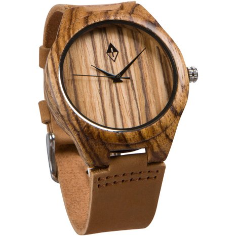 Wood Grain Handmade Mens Zebra Wood Natural Wooden Watch with Genuine Brown Leather Band