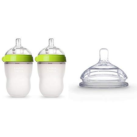 Comotomo Baby Bottle, Green, 8 Ounce, 2 Count and Silicone Replacement Nipple, Clear, 6 Months, 2 Packs