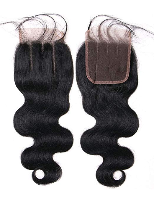 Lanyi 14 inch Brazilian Body Wave Closure Three Part Lace Closure with Baby Hair Virgin Human Hair 4x4 Lace 130% Density Natural Black 1b