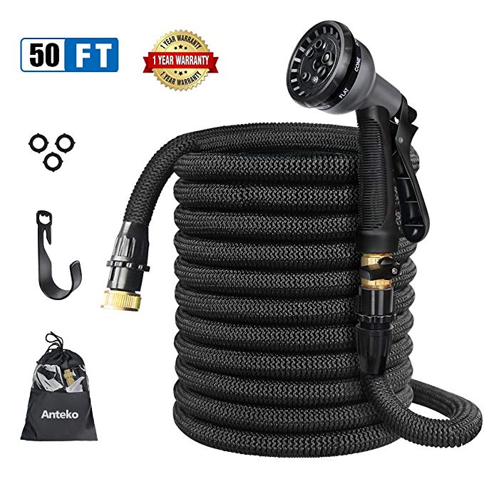 Expandable Garden Hose, Anteko 50ft Strongest Expandable Water Hose, 8 Functions Sprayer With Double Latex Core, 3/4" Solid Brass Fittings, Extra Strength Fabric - IMPROVED Expanding Hose