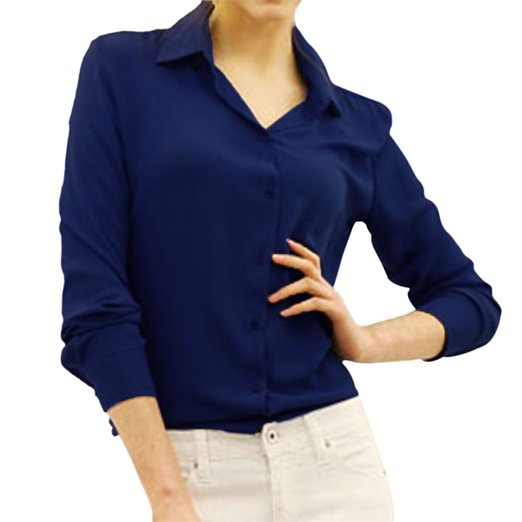 Cekaso Women's Button Up Shirts Solid Collared Sheer Long Sleeve Chiffon Blouse