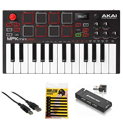 Akai Professional MPK Mini Play - Compact Keyboard and Pad Controller with Integrated Sound Module   Cable   4-Port USB   Pack of Cable Ties