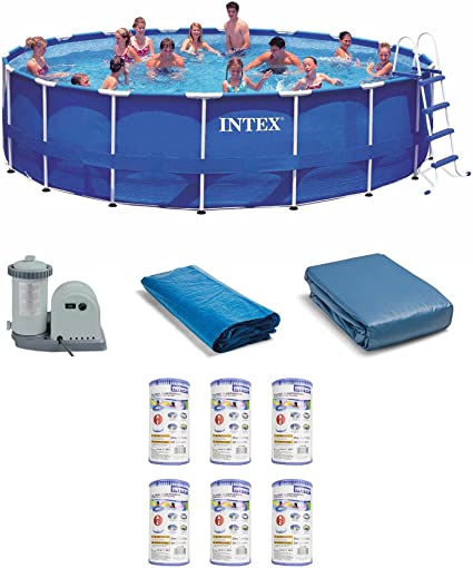 Intex 28253EH 18ft x 48in Metal Frame Swimming Pool Set with 120V 1,500 GPH Cartridge Filter Pump, 6 Filter Cartridges, Ladder, and Ground Cloth