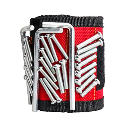 SUYIZN Magnetic Wristband with Strong Magnets - A Good Helper for Holding Nails, Bits, Screws, Fasteners and Other Small Tools（3 Magnets, Red）