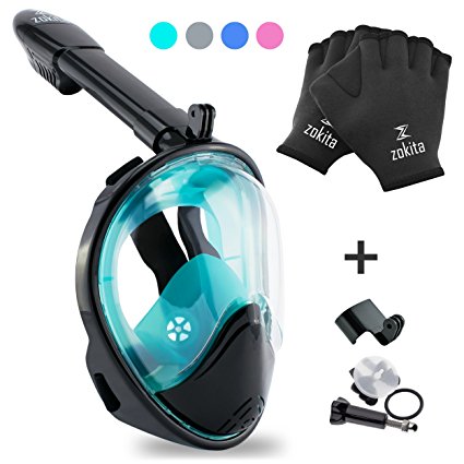 Full Face Snorkel Mask Set, Easy Breath, Anti Fog, Anti Leak Snorkeling Goggles with Removable Cam Mount for Underwater Camera, Panoramic 180° Snorkel Mask Clear View & Bonus Swim Gloves