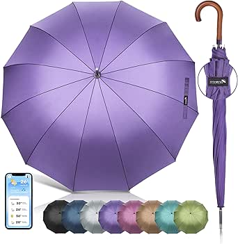 ZOMAKE 54 Inch Large Golf Umbrella With Wood Hook Handle 12/16 Ribs - Automatic Open Stick Umbrellas Windproof Wooden Handle - Curved Handle Golf Umbrella Cane With J Hook for Gentlemen