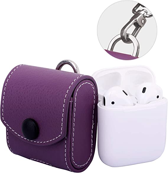 MoKo Case Fit AirPods 1/AirPods 2, Magnetic Snap Closure Protective Cover Carrying Pouch Pocket, with Holding Strap, for AirPods 1 & AirPods 2 Charging Case - Purple