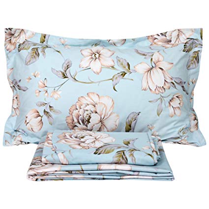 FADFAY Shabby Floral Bed Sheet Set Farmhouse Bedding Blue Cotton Winter Bedding Deep Pocket Sheets 4-Piece Twin Size
