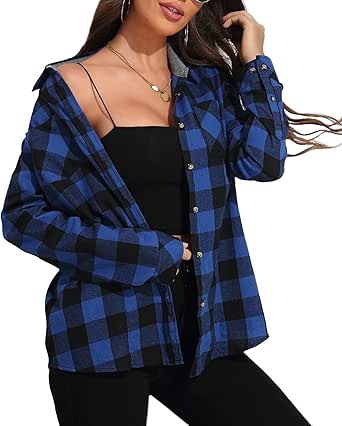 Deer Lady Plaid Flannel Shirts for Women Buffalo Plaid Shirts Oversized Long Sleeve Casual Button Down Blouse Top