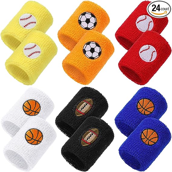 24 Pieces Sports Wristbands for Kids, Colorful Wrist Sweatbands Terry Cloth Wristbands with Soccer Basketball Football Baseball Design for Sports Party Birthday Party Favors, 6 Colors