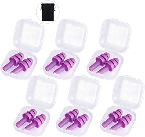 6 Pairs Reusable Silicone Ear Plugs, Waterproof Noise Reduction Earplugs for Sleeping, Swimming, Snoring, Concerts, 32dB Highest NRR, Purple with Bonus Travel Pouch.