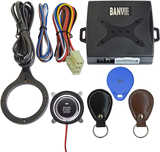 BANVIE Car RFID Push to Start Ignition kit Engine Start Stop Button Switch Keyless Go System with Leather Key