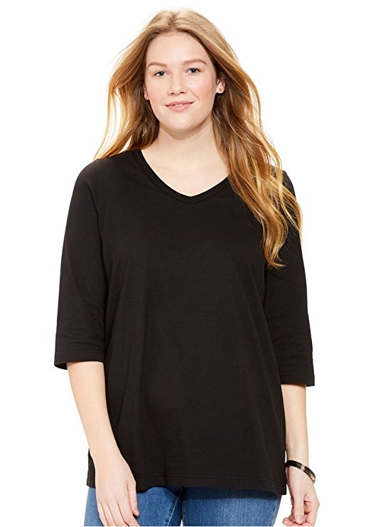 Women's Plus Size Perfect V-Neck Tee, 3/4-Sleeve