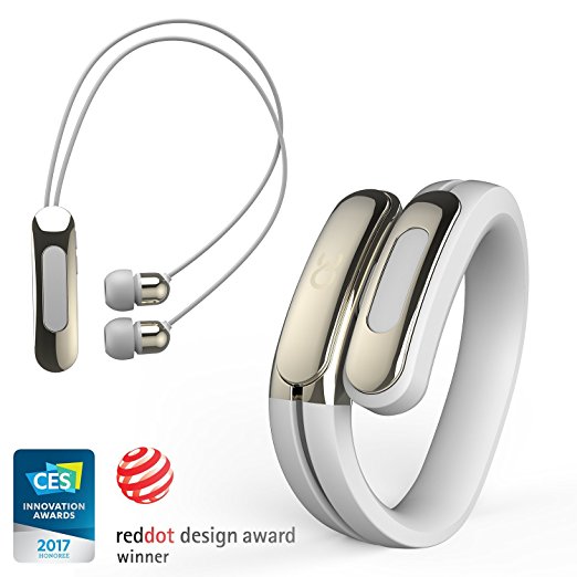 Helix Cuff: Wearable Wireless Headphones by Ashley Chloe. Bluetooth 4.1 HD Stereo Sound Mini Earbuds w/ Mic. Smallest Headset Earphones w/ Noise Reduction for Android and iPhone (White/Gold)
