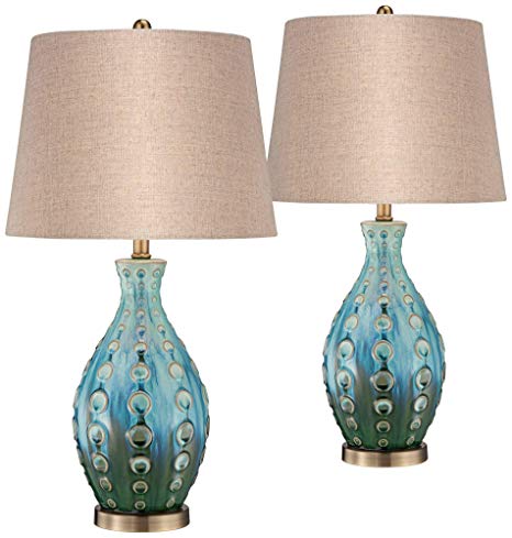 Mid Century Modern Table Lamps Set of 2 Ceramic Teal Handmade Tan Linen Tapered Shade for Living Room Family Bedroom - 360 Lighting