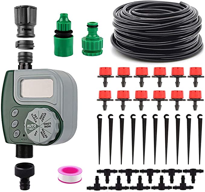 VAlinks Automatic Drip Irrigation System with Digital Timer, Self Watering Kits Garden Irrigation Equipment, 33ft 1/4" Blank Distribution Tubing Hose for Garden, Flower Bed, Lawn
