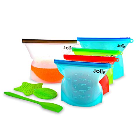 Jolie Eco Friendly Kitchen – Premium Reusable Silicone Food Bags (5-Pack), Silicone Spatula/Sink cover/Dish Sponge – Microwave, Dishwasher & Freezer Safe Leak-Proof Storage Containers