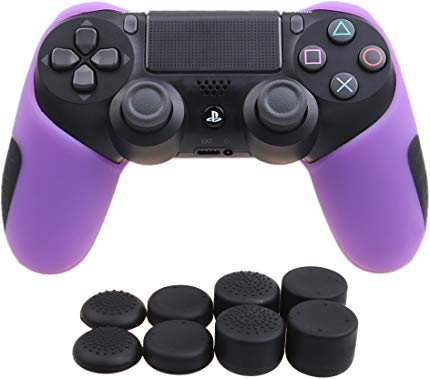 YoRHa Silicone Half Extra Thick Cover Skin Case for Sony PS4/slim/Pro Dualshock 4 Controller x 1(Purple) with Pro Thumb Grips x 8