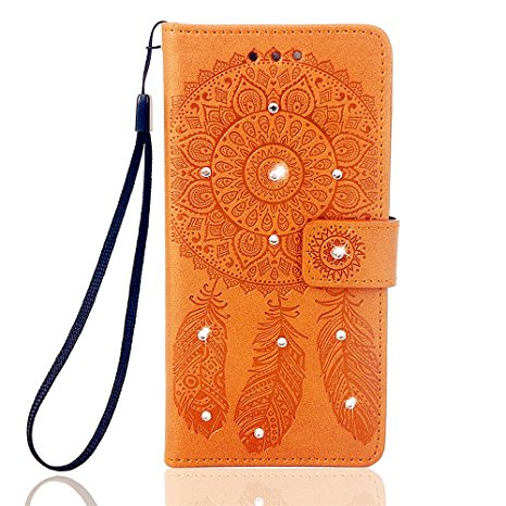 XKAUDIE(TM) Wind chime Flower series Embossing Diamonds PU Leather Case Wallet Flip Stand Flap Closure Case Cove (Brown) For Moto G Play /Motorola Moto G4 Play