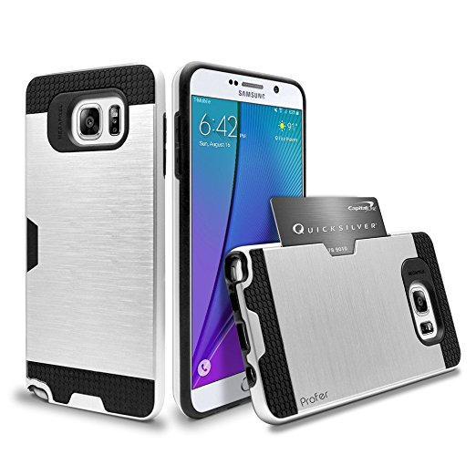 note 5 Case,Profer [Heavy Duty][ Drop Protection] Dual Layer Armor Holster Defender Full Body Protective Hybrid Wallet Case Card Slots [Slim Fit]cover for Samsung Galaxy NOTE 5(Silver)