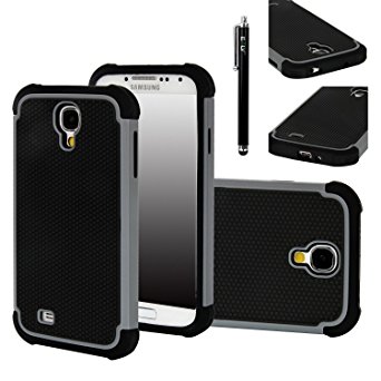 Galaxy S4 Case, E LV Galaxy S4 Case - Hybrid Dual Layer Armor Defender Protective Case Cover (Hard Plastic with Soft Silicon) for Samsung Galaxy S4 S IV i9500 with 1 Screen Protector, 1 Black Stylus and E LV Microfiber Sticker Digital Cleaner (GREY)