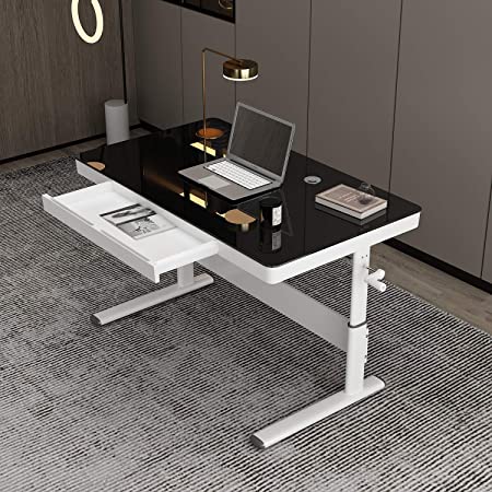 Height Adjustable Desk with Drawer for Sitting & Standing, 47" L x 24" W Table-Top, Laptop Computer Desk for Studying/Working/Writing in Home Office, Tempered Glass Top