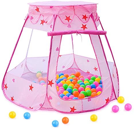 Natasa Pop Up Pink Princess Play Tent for Girls, Foldable Pretend Playhouse Ball Pit for Baby Indoor & Outdoor