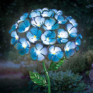 Exhart Hydrangea Garden, 26 LED Lights, Solar Powered, Metal, Turquoise, 7" L x 7" W x 21" H