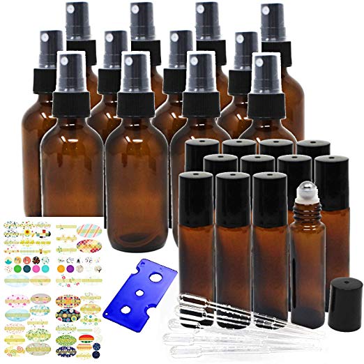 Jalousie 24 Pack Amber Refillable Glass Containers include 12 Amber Glass Spray Bottles 2oz 60 ml and 12 Amber Eye Roller Bottles 0.34 oz 10 ml Bonus Stickers Dropper and Bottle Opener
