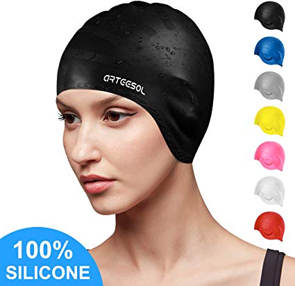 arteesol Swimming Cap, Silicone Swim Cap for Women Men, Durable Non-Slip Waterproof Swim Cap Protect Ears, Long Hair for Adults, Older Kids, Boys and Girls