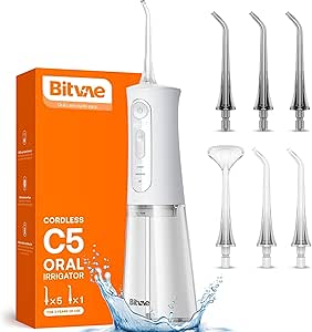 Water Flosser for Teeth Cordless, Bitvae Water Flossers 3 Modes & 5 Intensities, Oral Irrigator with 6 Jet Tips, Dental Flosser Water Jet Waterproof Available in Shower, USB Rechargeable, White