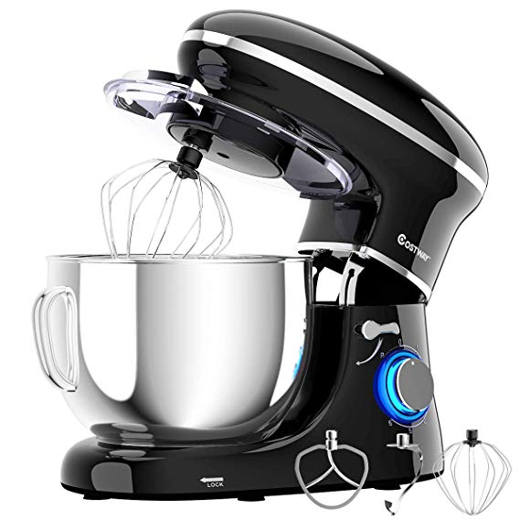 COSTWAY Stand Mixer, 660W Electric Kitchen Food Mixer with 6-Speed Control, 6.3-Quart Stainless Steel Bowl, Dough Hook, Beater, Whisk (Black-update)