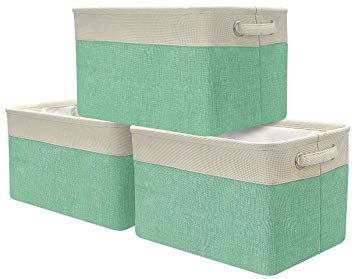 Sorbus Storage Large Basket Set [3-Pack] - Big Rectangular Fabric Collapsible Organizer Bin with Carry Handles for Linens, Towels, Toys, Clothes, Kids Room, Nursery (Cream White Trim - Green)