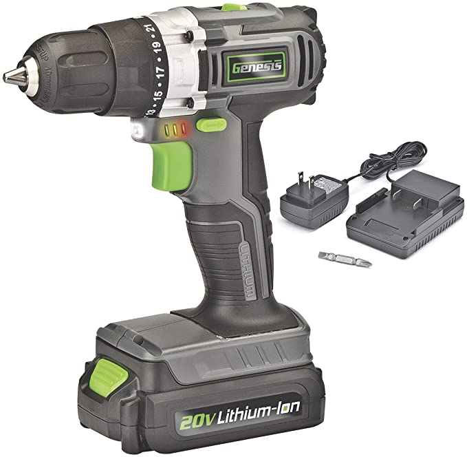 Genesis 20-Volt Cordless Li-Ion 2-Speed Drill/Driver, Grey/Black/Green (GLCD2038A)