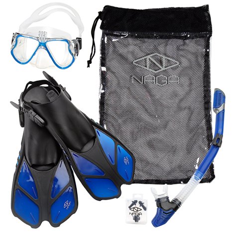 Naga Sports Adult Snorkel Set with Dry Top Snorkel, Single Lens Mask, Trek Fins, Mesh Bag - Choose your Size and Color