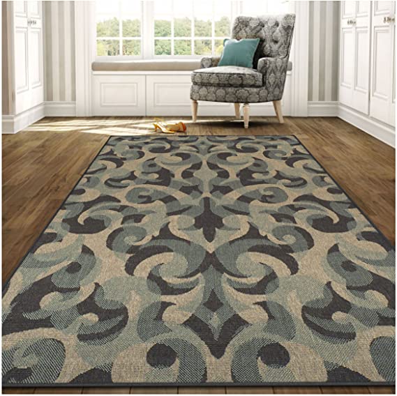 Superior Aldaine Collection 4' x 6' Area Rug, Indoor/Outdoor Rug with Jute Backing, Durable and Beautiful Woven Structure, Textured Grey, Beige, and Teal Damask Pattern