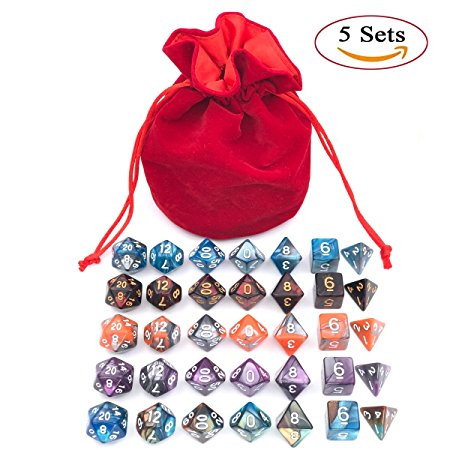 5 Assorted Colors Polyhedral Dice Set for Dungeons and Dragons DnD Pathfinder RPG Role Playing Games with Red Drawstring Dice Bag (Total 5 Sets)