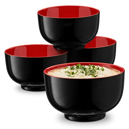 KooK Japanese Ceramic Noodle Bowl, Deep Interior, Black and Red, 38oz, Set of 4