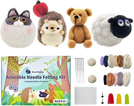 Wool Queen 4 Animals Needle Felting Kit, Hedgehog, Tedbear, Sheep, Cat, Pure Queensland 70S Fine Wool, Felting Foam Mat, 6 Needles, Instruction & Videos- Great for Arts & Crafts & Easy for Beginners