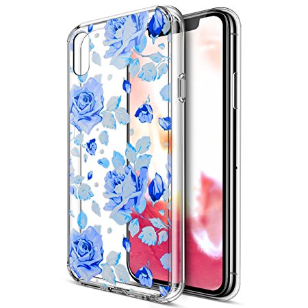 iPhone X Case,iPhone X Cover,iPhone X TPU Case,ikasus Art Painted Mandala Flower Crystal Clear Slim Flexible Soft Rubber Gel TPU Protective Shell Hybrid Bumper Case Cover for iPhone X,Blue Rose Flower