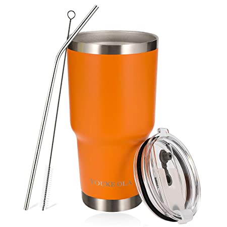Stainless Steel Tumbler 30oz - Vacuum Insulated Tumbler Coffee Cup Double Wall Large Travel Mug with Lid, Straw, Brush, Gift Box Set (Orange, 30oz-1 Pack)