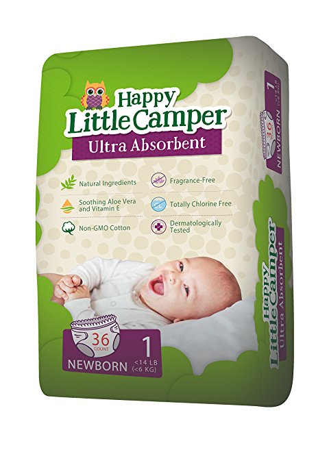 Happy Little Camper Ultra Absorbent Premium Natural Diapers, Size 1, 36 Count