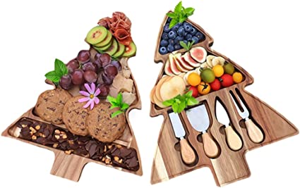 TUOKE Charcuterie Board Set, Christmas Tree Shaped Wooden Tray with Cutlery, Double Layer Wooden Cheese Plate, Portable Picnic Wooden Plate, Unique Gift for Christmas, Wedding, Housewarming Birthday