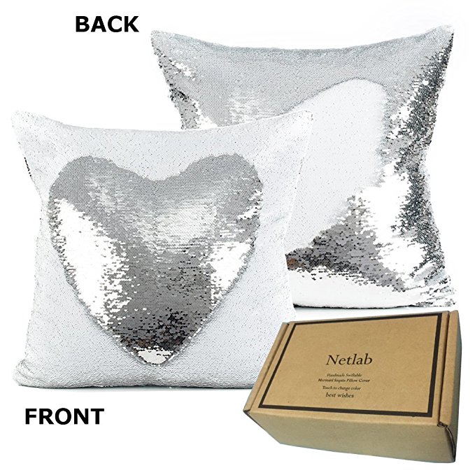 18 Inch Mermaid Europe Luxurious Sequin Pillow Cover (White/Silver)