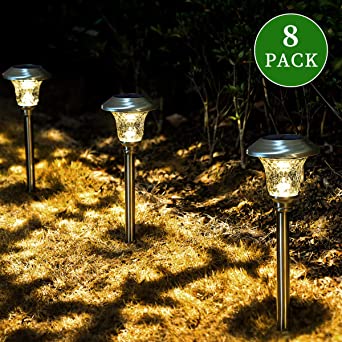 GIGALUMI 8 Pack Solar Pathway Lights, Solar Garden Lights Outdoor Warm White, Waterproof Led Path Lights for Yard, Patio, Landscape, Walkway (Stainless Steel)